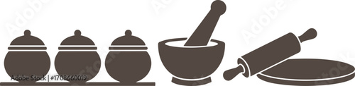 Silhouette of kitchen utensils including spice jars mortar pestle and rolling pin