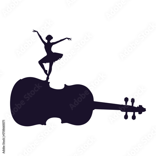 Silhouette of a ballerina performing a graceful pose atop a cello on a white background