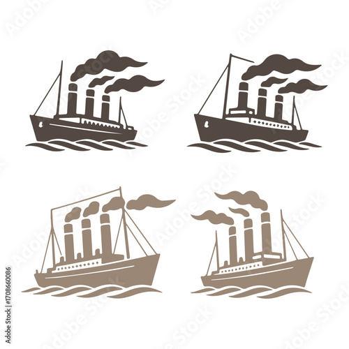 Set of four vintage steamship illustrations with smoke plumes and nautical elements