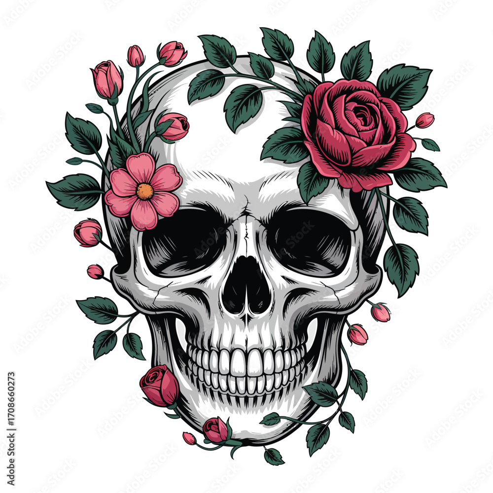 Fototapeta premium Skull with pink roses and green leaves human skull