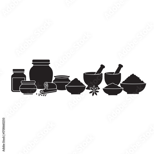 Collection of black silhouette icons representing traditional medicine ingredients and tools