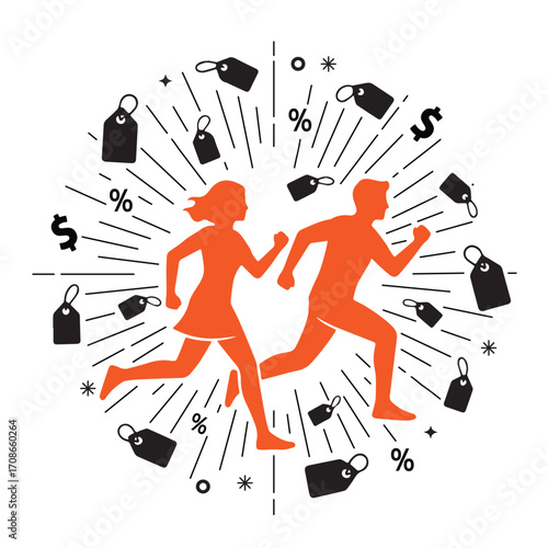 Energetic couple running towards a sale with price tags and discount symbols radiating outwards
