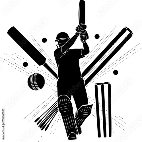 Cricket silhouette, Cricket bat, ball, stump player silhouette