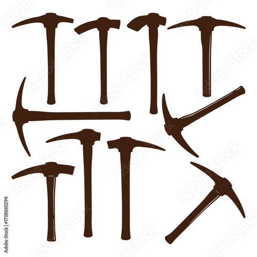 Collection of brown pickaxe silhouettes arranged in a scattered pattern on a white background