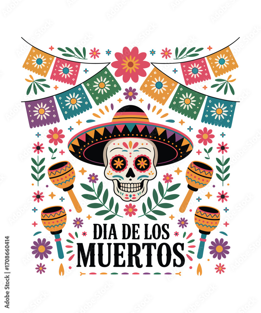 Obraz premium Dia de los Muertos skull with sombrero and maracas