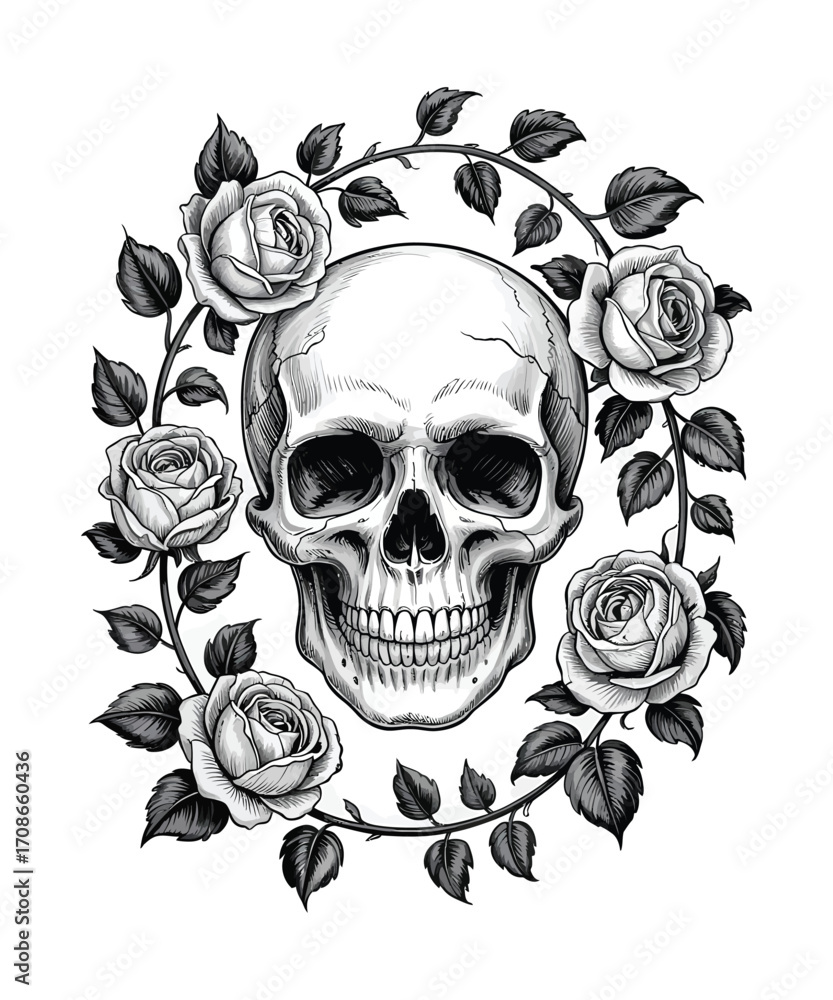 Fototapeta premium Black and white skull surrounded by roses and leaves