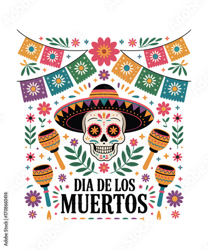 Dia de los Muertos skull with sombrero and maracas