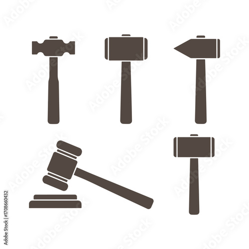 Collection of hammer and gavel icons representing justice law and construction tools