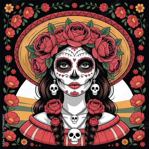 Woman with skull face makeup and red roses sombrero
