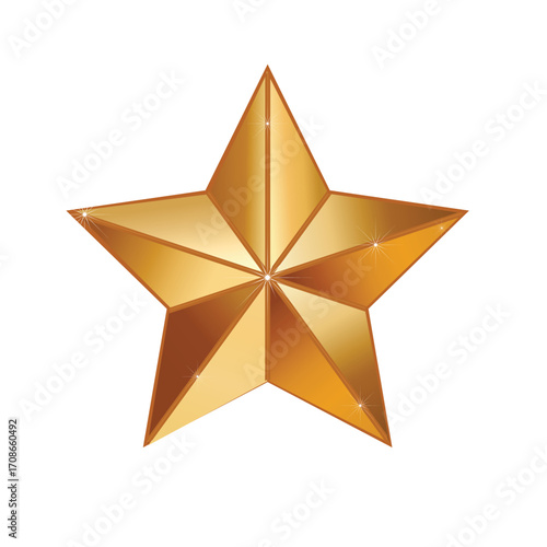 Shiny golden star with highlights and reflections, metallic texture isolated on pure white background