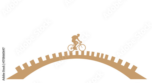 Small wooden arched bridge with a person riding a bicycle across it on a white background