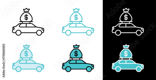 Car with dollar money bag icon for expensive vehicle in line and fill style