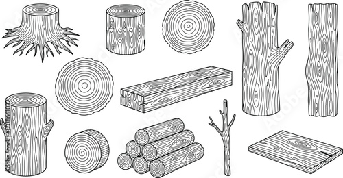 Wood logs and tree trunks vector illustration outline