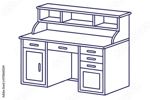 Desk with Hutch and Multiple Drawers Line Art writing desk computer desk