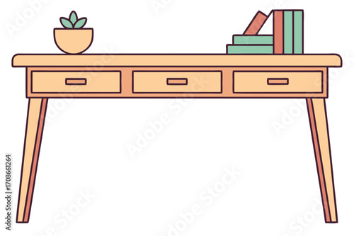 Desk with Three Drawers, a Plant Pot, and Stacked Books table furniture