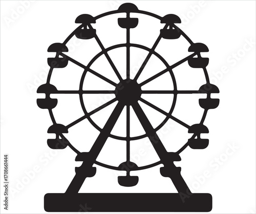 Black silhouette of Ferris wheel isolated on white background, simple amusement park vector illustration for fairground, carnival, festival, entertainment, ride, travel, holiday, and leisure design us
