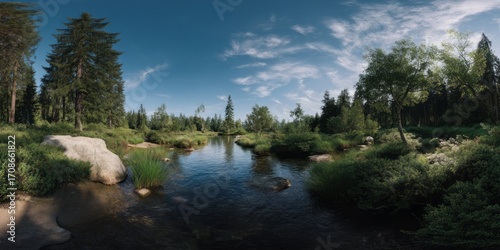 Scenic river bend surrounded by lush trees nature hdri panoramic landscape serene environment tranquil viewpoint