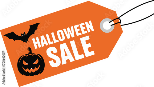 Spooky Halloween sale tag with pumpkin and bat illustration