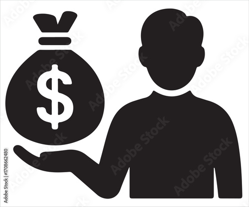 Hand holding money bag with dollar sign black silhouette vector illustration isolated