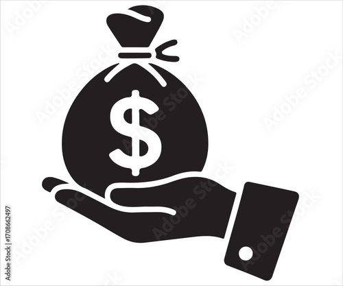 Black silhouette of hand holding money bag with dollar sign isolated on white background, simple finance vector illustration for banking, savings, investment, wealth, profit, cash, and business design