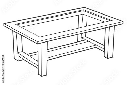 Isometric line art drawing of a rectangular wooden coffee table furniture