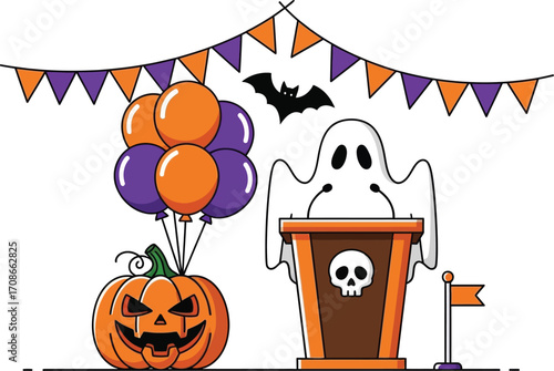 Spooky Halloween celebration with a friendly ghost, jack-o'-lantern, and festive decorations