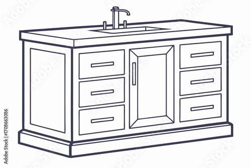 Isometric Line Drawing of a Bathroom Vanity Cabinet with Sink and Faucet furniture