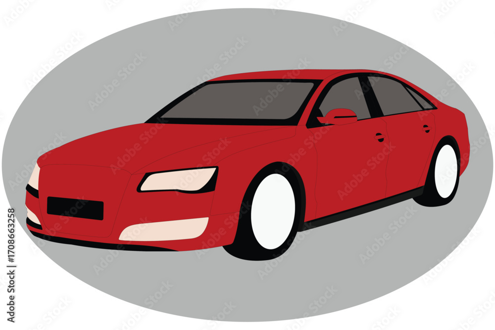Fototapeta premium Modern red sedan car illustration on a gray oval background, sleek and stylish vector design perfect for automotive, transport, or branding use.