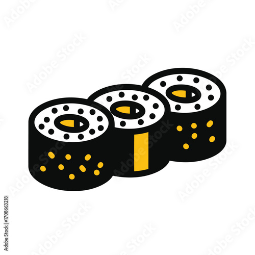 Three stylized sushi rolls with black nori and yellow accents, depicted in a simple graphic illustration style on a white background.