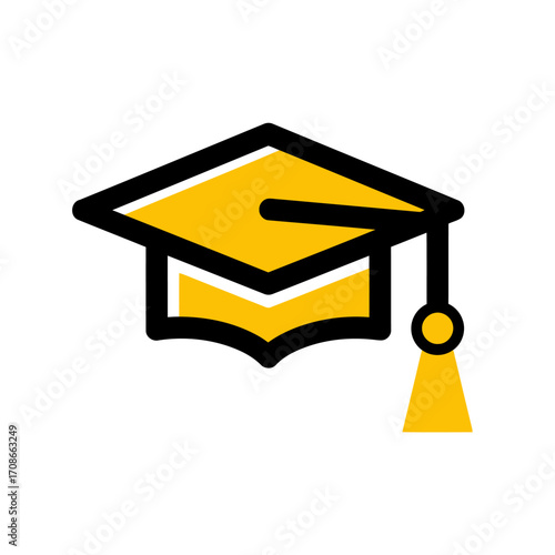 Stylized black and yellow graduation cap icon with a tassel.
