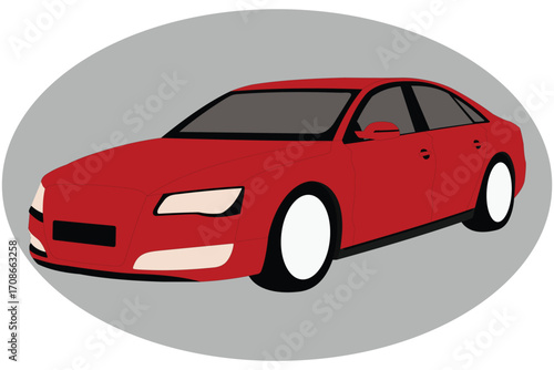 Modern red sedan car illustration on a gray oval background, sleek and stylish vector design perfect for automotive, transport, or branding use.