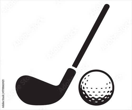 Golf club and ball black silhouette vector illustration isolated on white background