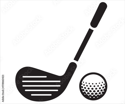 Black silhouette of golf club and ball isolated on white background, simple sports vector illustration for golfing, competition, recreation, outdoor game, training, hobby, professional sport, and leis