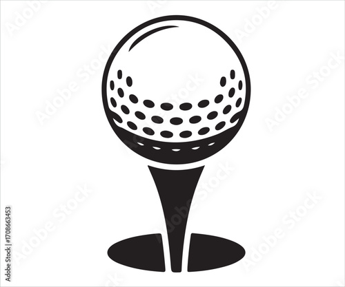 Black silhouette of golf ball on tee isolated on white background, simple vector illustration for sports, golfing, leisure, competition, recreation, outdoor game, tournament, and club design use