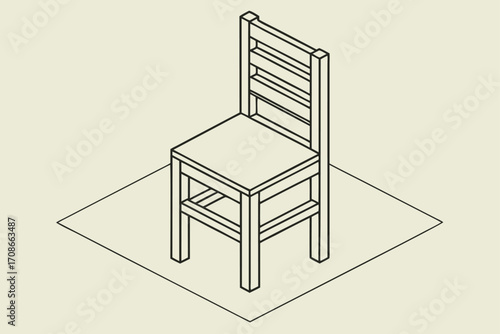 Isometric line drawing of a simple wooden chair on a light background furniture