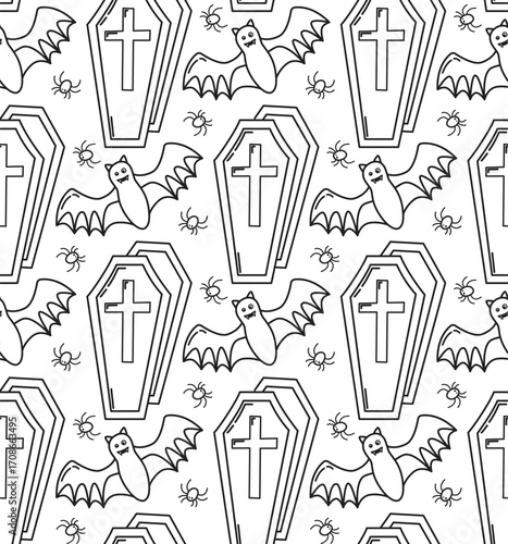Seamless doodle pattern of coffins with cross, bats and spiders. Spooky Halloween black and white background