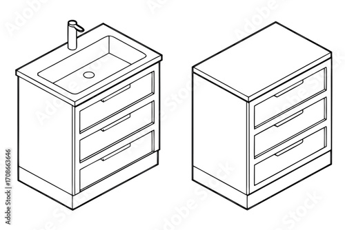 Isometric Line Drawing of Bathroom Vanity with Sink and Faucet cabinet drawers