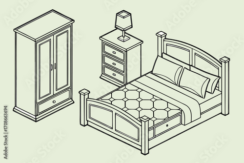 Isometric line drawing of bedroom furniture set with bed wardrobe and nightstand vector illustration