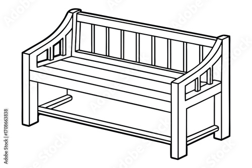 Isometric outline drawing of a wooden garden bench with slatted back and seat Keywords: bench, garden
