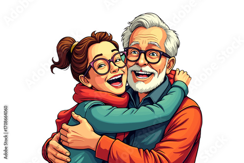 Grandfather joyfully hugging granddaughter during celebration with cheerful expressions