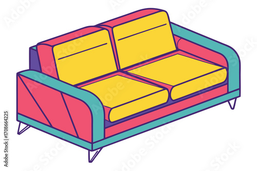 Isometric Two- Seater Sofa with Geometric Design and Colorful Upholstery furniture illustration