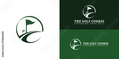 A green logo for a golf course, featuring a stylized golf flag and ball within a dynamic circular shape. The design employs clean, flowing lines to convey a sense of movement.