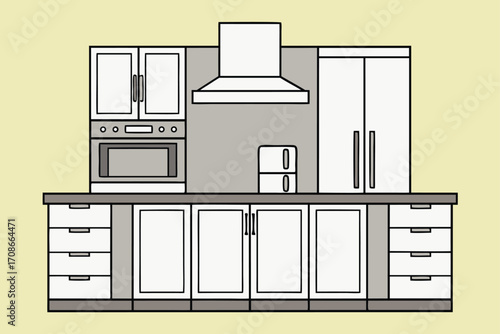 Kitchen counter with oven, refrigerator, cabinets, and drawers on a beige background furniture