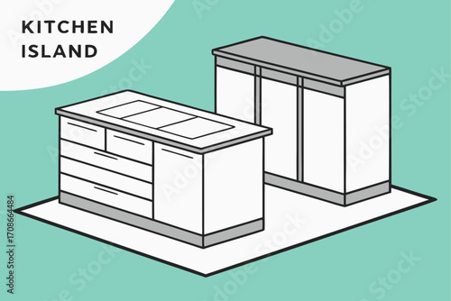 Kitchen island and tall cabinet illustration on a teal background with text furniture interior