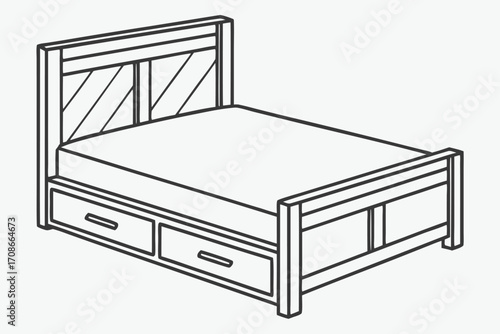 Line Art Double Bed Frame with Storage Drawers and Decorative Headboard Keywords: bed, double bed, queen