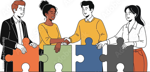 Diverse team collaborating and connecting puzzle pieces for shared success