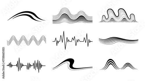 Collection of black and white wave patterns and waveforms artistic design elements for creative projects and design resources