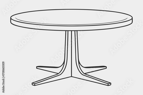Line art drawing of a round pedestal table with a four-legged base round table furniture