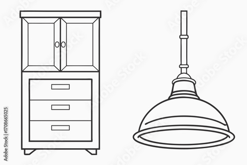 Line art drawing of a tall cabinet with two doors and three drawers next to a pendant lamp