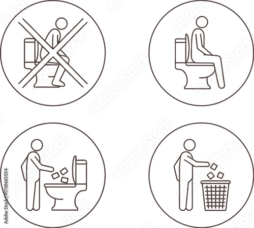 Restroom symbols showing proper toilet usage and waste disposal instructions